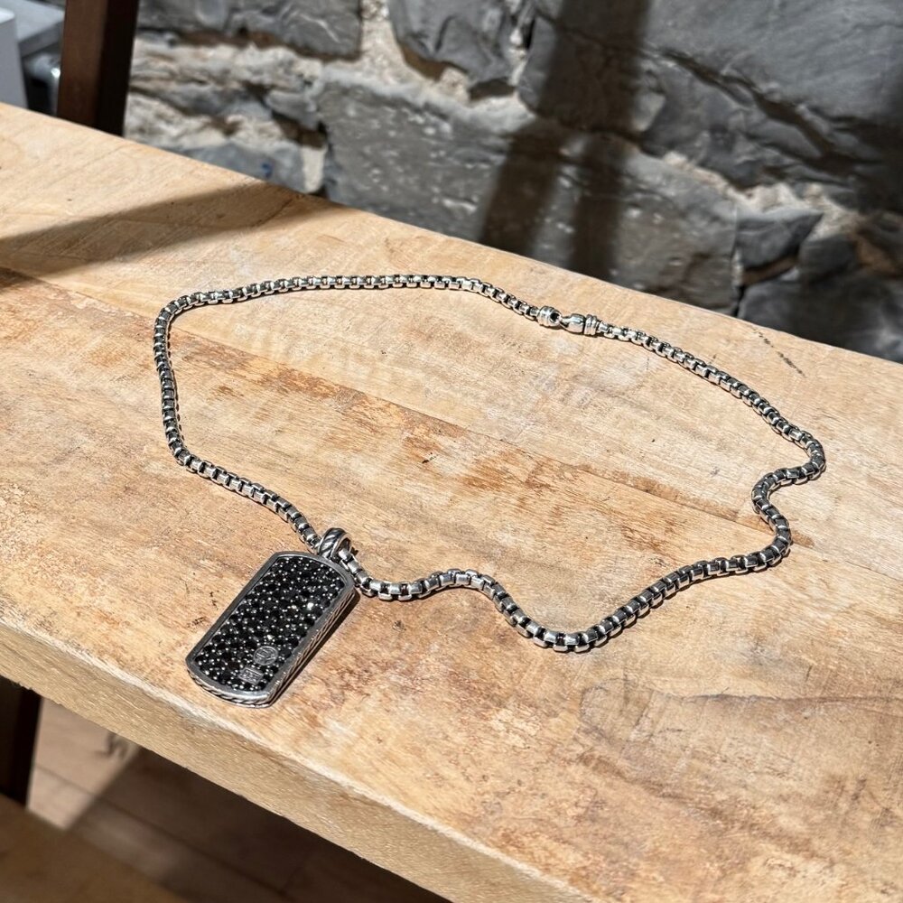 David Yurman Silver Box Chain Black Diamond Pavé Large Dog Tag Necklace.